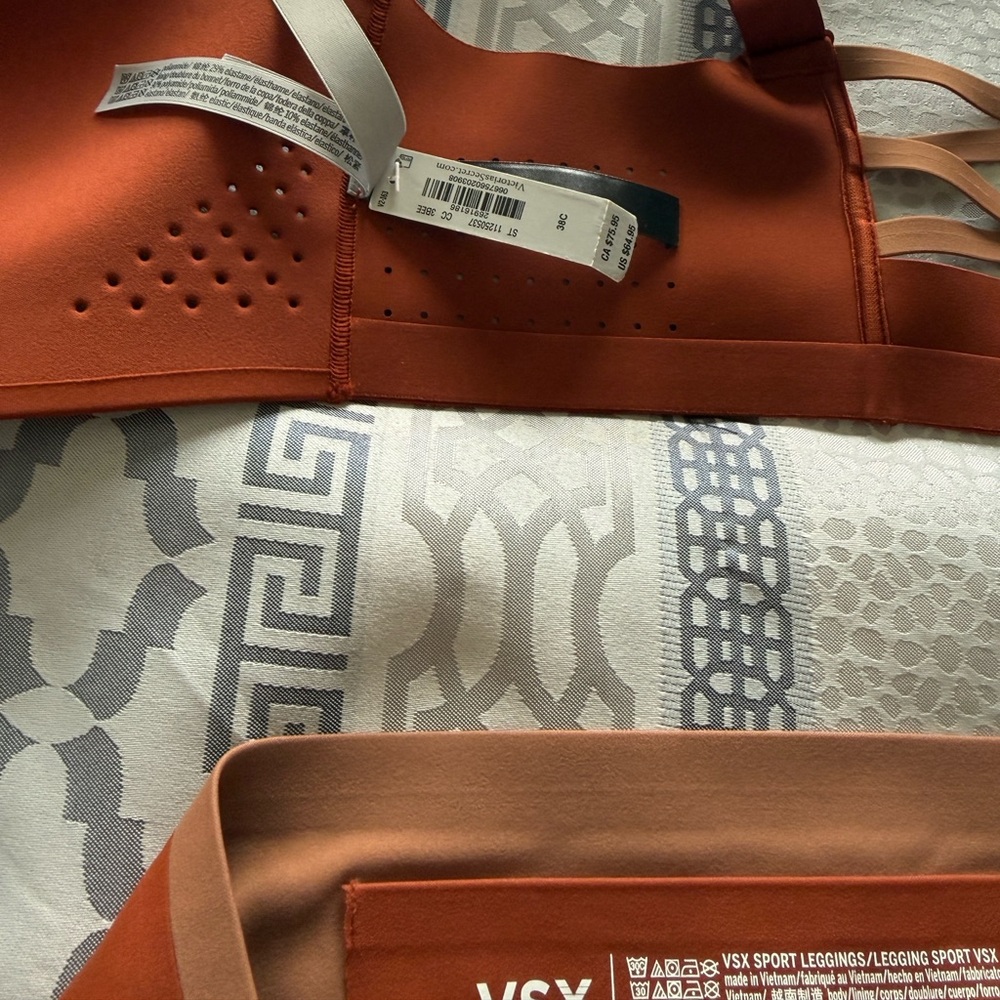 VSX Rust Orange Active Leggings with Contrast Waistband and matching sports bra.